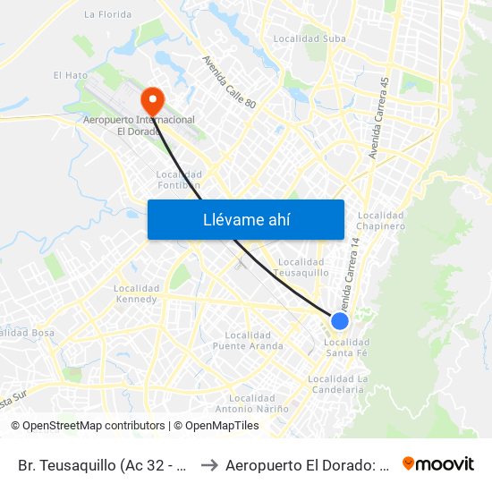 Br. Teusaquillo (Ac 32 - Av. Caracas) to Aeropuerto El Dorado: Terminal T2 map