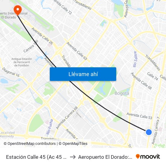 Estación Calle 45 (Ac 45 - Av. Caracas) to Aeropuerto El Dorado: Terminal T2 map