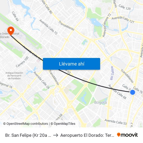 Br. San Felipe (Kr 20a - Cl 74) to Aeropuerto El Dorado: Terminal T2 map
