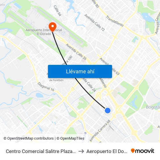 Centro Comercial Salitre Plaza (Av. La Esperanza - Kr 68b) to Aeropuerto El Dorado: Terminal T2 map