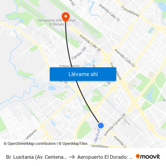 Br. Lusitania (Av. Centenario - Ak 68d) to Aeropuerto El Dorado: Terminal T2 map