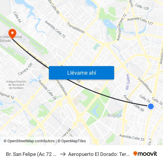 Br. San Felipe (Ac 72 - Kr 17) to Aeropuerto El Dorado: Terminal T2 map