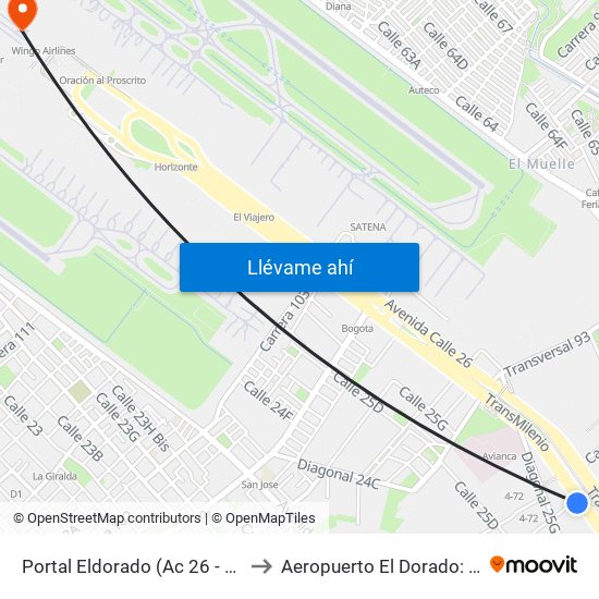 Portal Eldorado (Ac 26 - Av. C. De Cali) to Aeropuerto El Dorado: Terminal T2 map