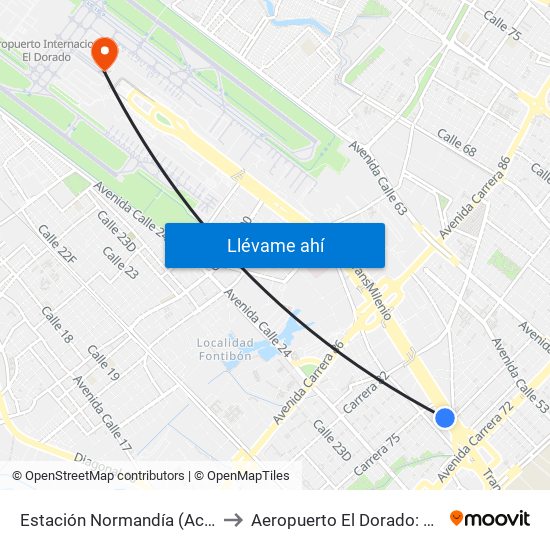 Estación Normandía (Ac 26 - Kr 74) to Aeropuerto El Dorado: Terminal T2 map