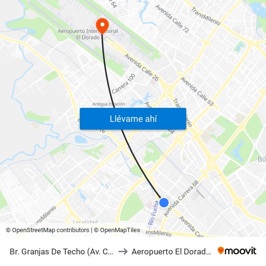 Br. Granjas De Techo (Av. Centenario - Kr 65) to Aeropuerto El Dorado: Terminal T2 map