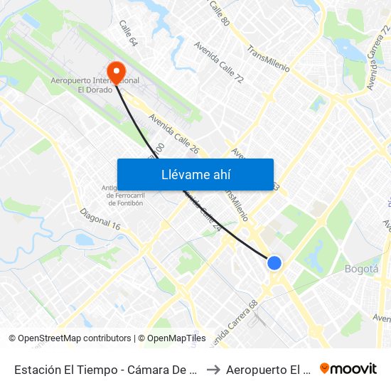 Estación El Tiempo - Cámara De Comercio De Bogotá (Ac 26 - Kr 68b Bis) to Aeropuerto El Dorado: Terminal T2 map