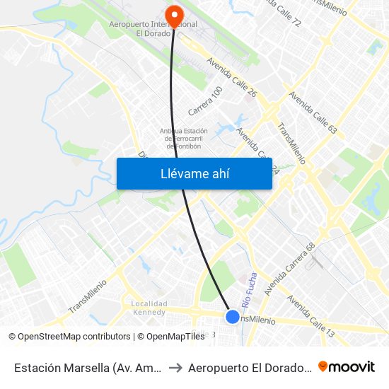 Estación Marsella (Av. Américas - Kr 69b) to Aeropuerto El Dorado: Terminal T2 map