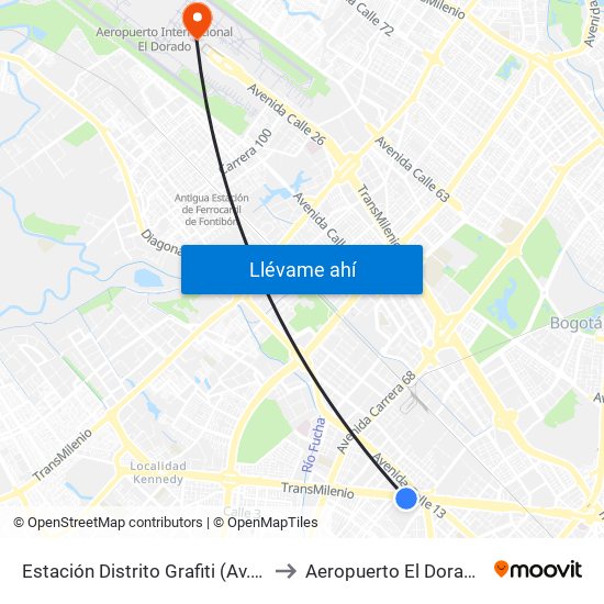 Estación Distrito Grafiti (Av. Américas - Kr 53a) to Aeropuerto El Dorado: Terminal T2 map