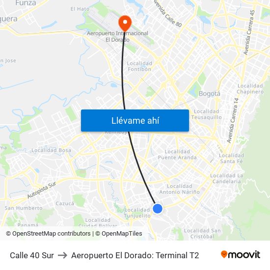 Calle 40 Sur to Aeropuerto El Dorado: Terminal T2 map