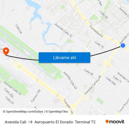 Avenida Cali to Aeropuerto El Dorado: Terminal T2 map