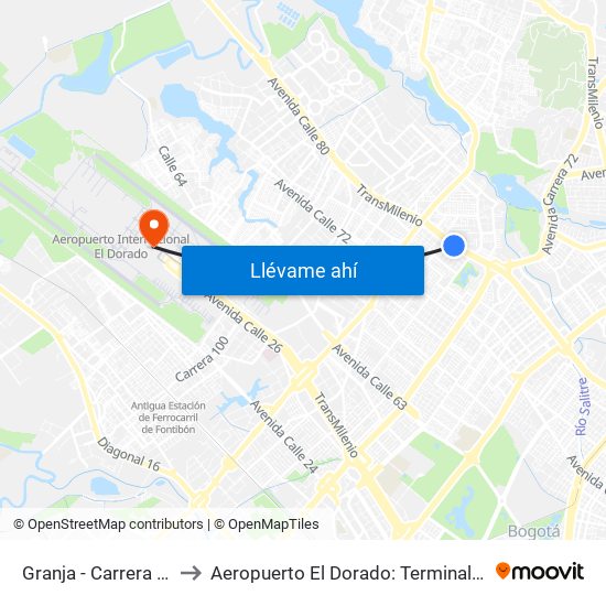 Granja - Carrera 77 to Aeropuerto El Dorado: Terminal T2 map