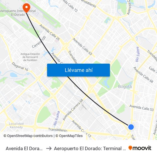 Avenida El Dorado to Aeropuerto El Dorado: Terminal T2 map