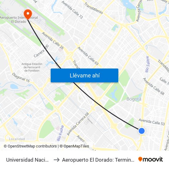 Universidad Nacional to Aeropuerto El Dorado: Terminal T2 map