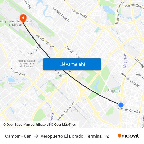 Campín - Uan to Aeropuerto El Dorado: Terminal T2 map