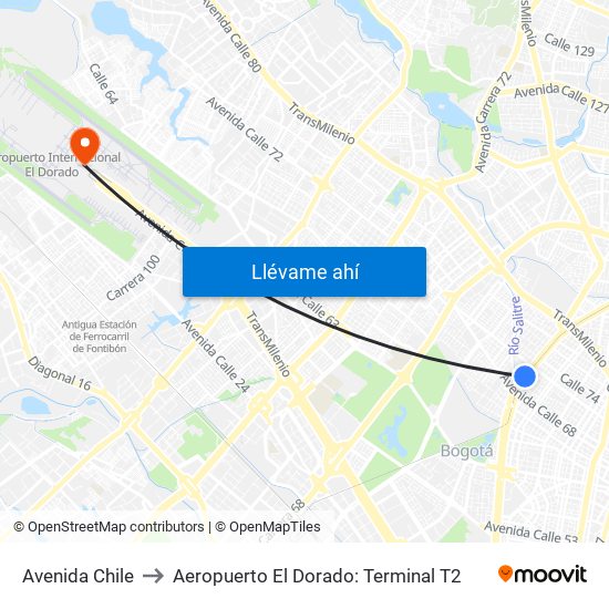 Avenida Chile to Aeropuerto El Dorado: Terminal T2 map