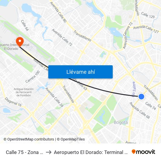 Calle 75 - Zona M to Aeropuerto El Dorado: Terminal T2 map