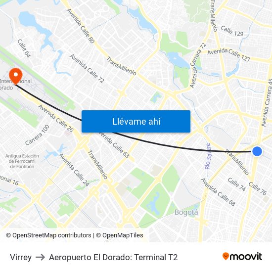 Virrey to Aeropuerto El Dorado: Terminal T2 map
