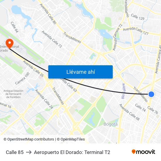 Calle 85 to Aeropuerto El Dorado: Terminal T2 map