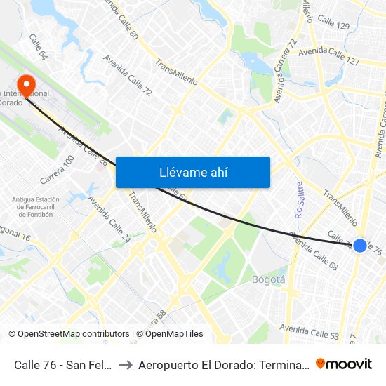 Calle 76 - San Felipe to Aeropuerto El Dorado: Terminal T2 map