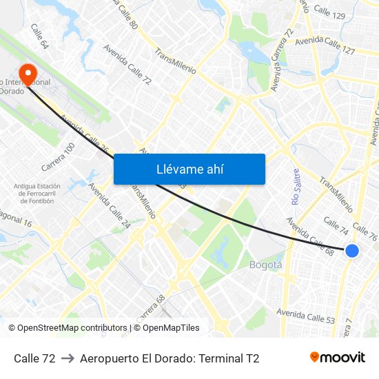 Calle 72 to Aeropuerto El Dorado: Terminal T2 map