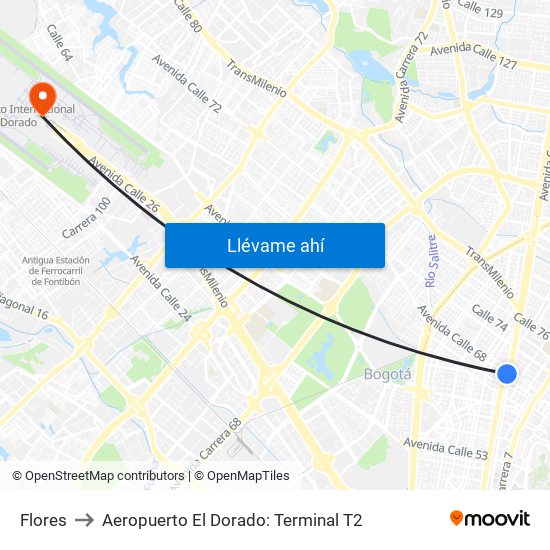 Flores to Aeropuerto El Dorado: Terminal T2 map