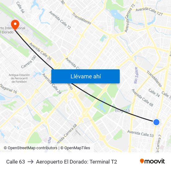 Calle 63 to Aeropuerto El Dorado: Terminal T2 map