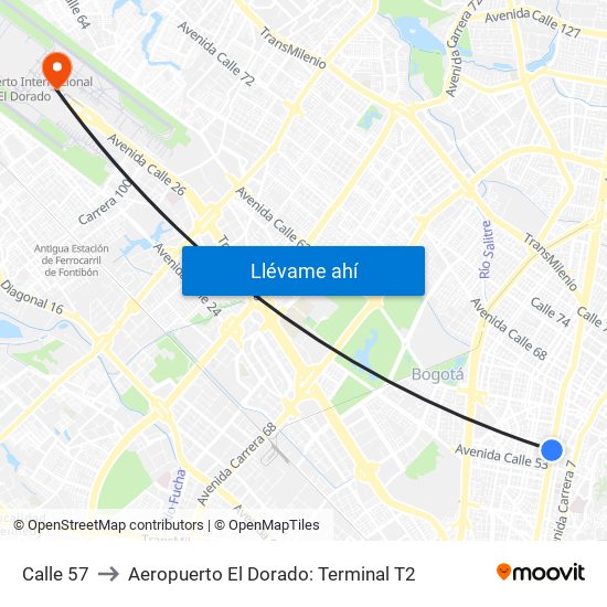 Calle 57 to Aeropuerto El Dorado: Terminal T2 map