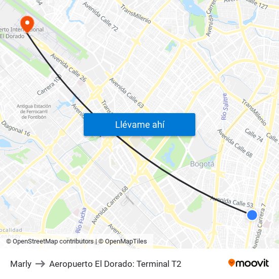 Marly to Aeropuerto El Dorado: Terminal T2 map