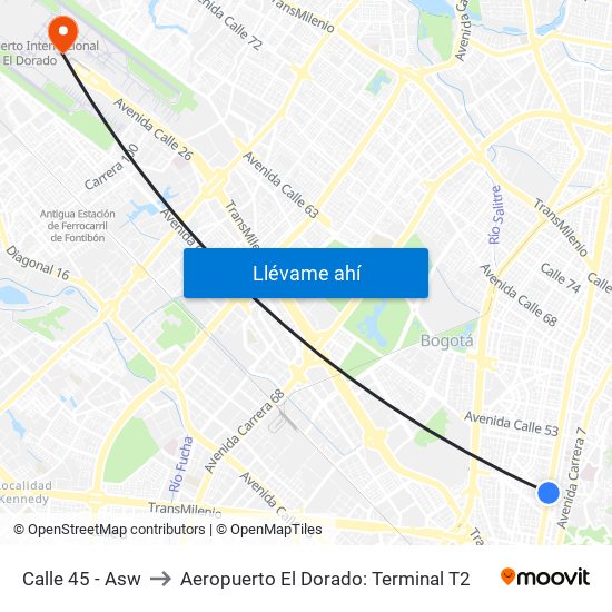 Calle 45 - Asw to Aeropuerto El Dorado: Terminal T2 map