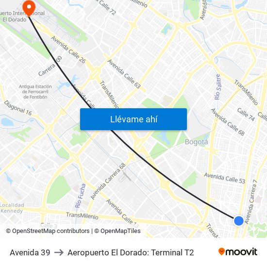 Avenida 39 to Aeropuerto El Dorado: Terminal T2 map