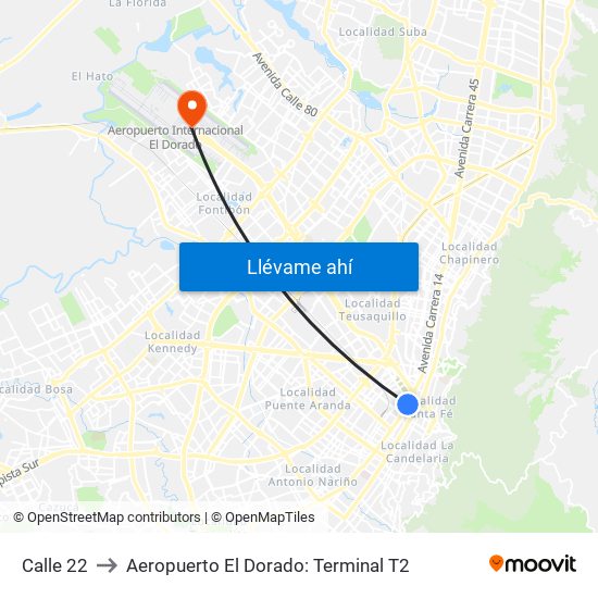 Calle 22 to Aeropuerto El Dorado: Terminal T2 map