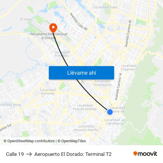 Calle 19 to Aeropuerto El Dorado: Terminal T2 map