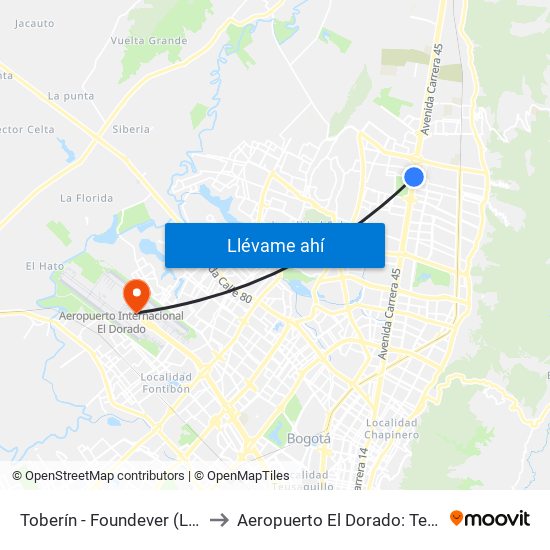 Toberín - Foundever (Lado Sur) to Aeropuerto El Dorado: Terminal T2 map