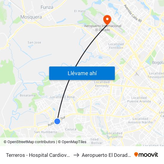 Terreros - Hospital Cardiovascular (Lado Sur) to Aeropuerto El Dorado: Terminal T2 map