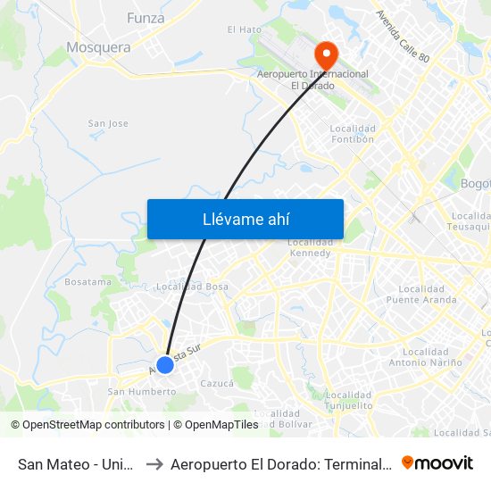 San Mateo - Unisur to Aeropuerto El Dorado: Terminal T2 map