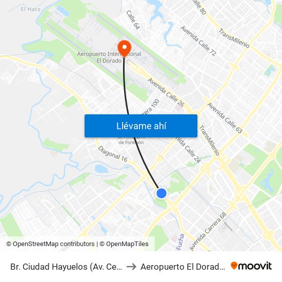 Br. Ciudad Hayuelos (Av. Centenario - Kr 78g) to Aeropuerto El Dorado: Terminal T2 map