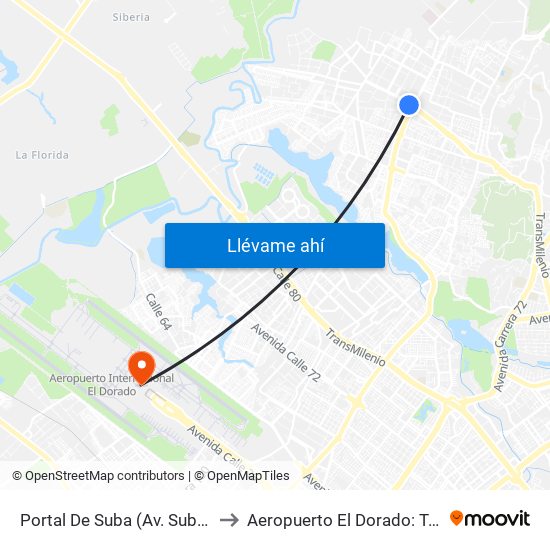 Portal De Suba (Av. Suba - Kr 106) to Aeropuerto El Dorado: Terminal T2 map