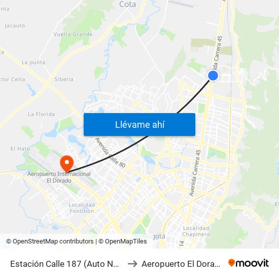 Estación Calle 187 (Auto Norte - Cl 187 Bis) (A) to Aeropuerto El Dorado: Terminal T2 map