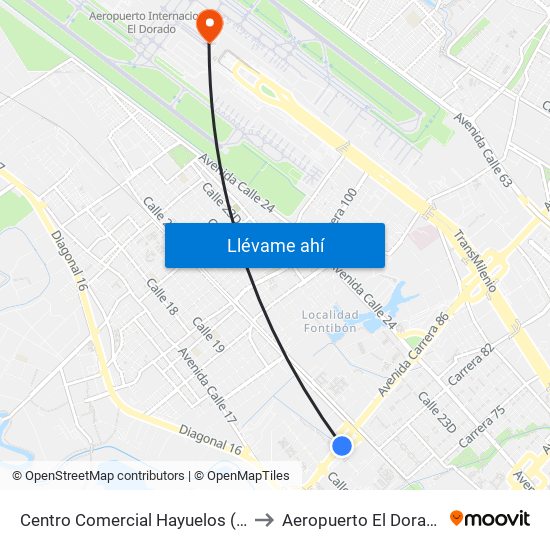 Centro Comercial Hayuelos (Av. C. De Cali - Cl 20) to Aeropuerto El Dorado: Terminal T2 map