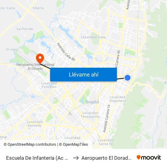 Escuela De Infantería (Ac 100 - Kr 11a) (B) to Aeropuerto El Dorado: Terminal T2 map