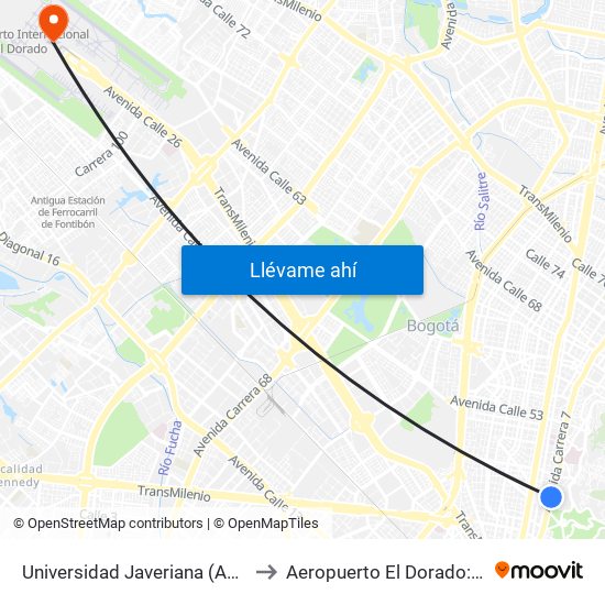 Universidad Javeriana (Ak 7 - Cl 40) (B) to Aeropuerto El Dorado: Terminal T2 map