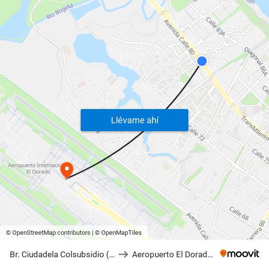 Br. Ciudadela Colsubsidio (Ac 80 - Kr 112a) to Aeropuerto El Dorado: Terminal T2 map