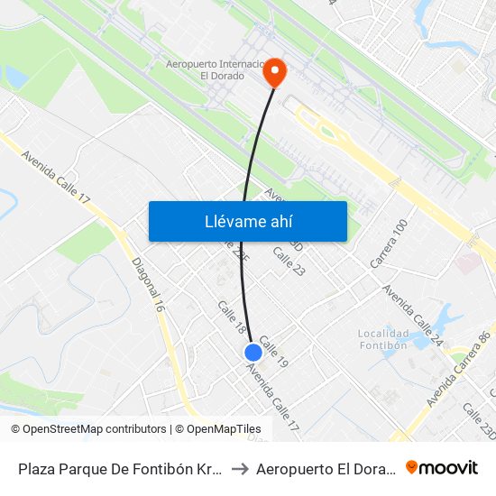 Plaza Parque De Fontibón Kr 100 (Kr 100 - Cl 17a) to Aeropuerto El Dorado: Terminal T2 map
