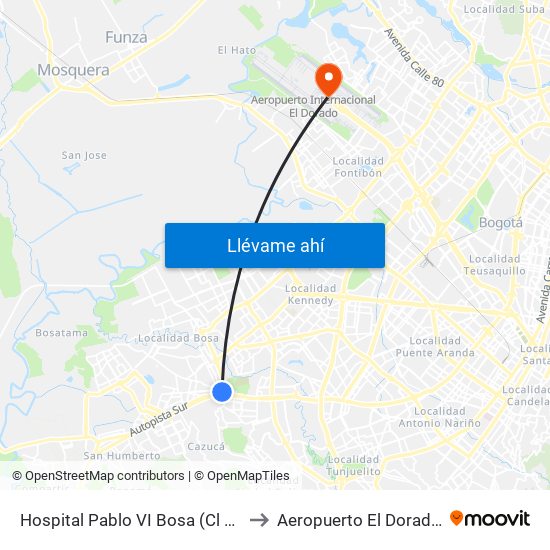 Hospital Pablo VI Bosa (Cl 63 Sur - Kr 77g) (A) to Aeropuerto El Dorado: Terminal T2 map