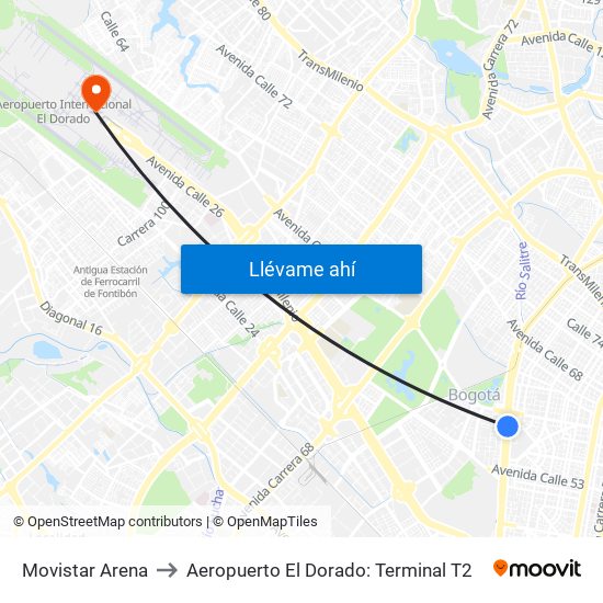 Movistar Arena to Aeropuerto El Dorado: Terminal T2 map