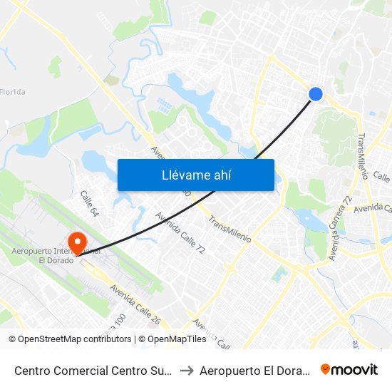 Centro Comercial Centro Suba (Av. Suba - Kr 91) to Aeropuerto El Dorado: Terminal T2 map
