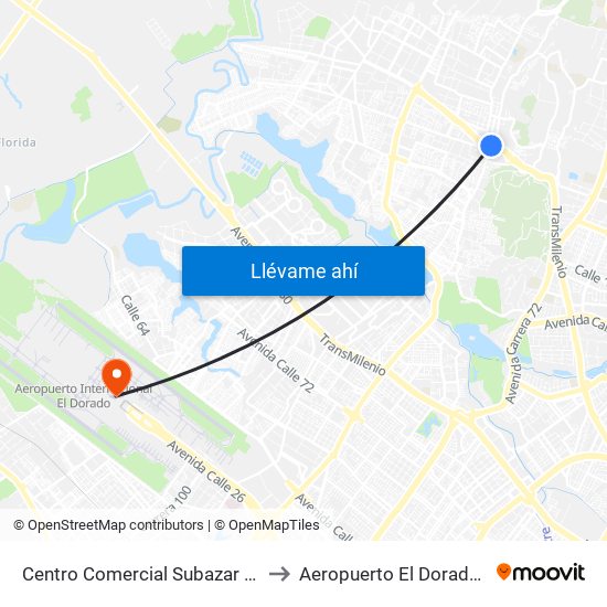 Centro Comercial Subazar (Av. Suba - Kr 91) to Aeropuerto El Dorado: Terminal T2 map
