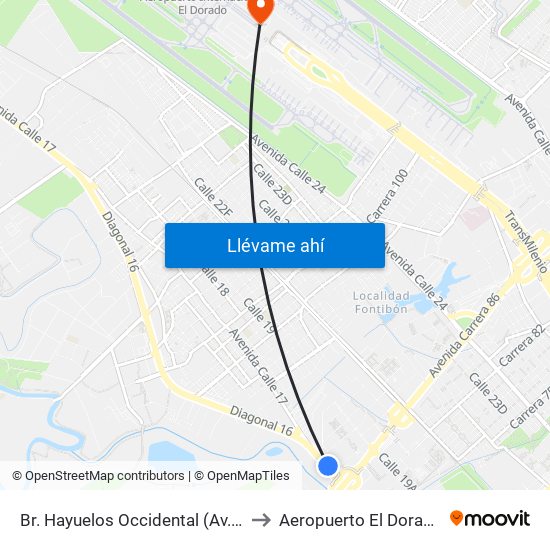 Br. Hayuelos Occidental (Av. Centenario - Kr 87) to Aeropuerto El Dorado: Terminal T2 map