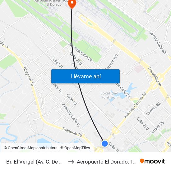 Br. El Vergel (Av. C. De Cali - Cl 18) to Aeropuerto El Dorado: Terminal T2 map