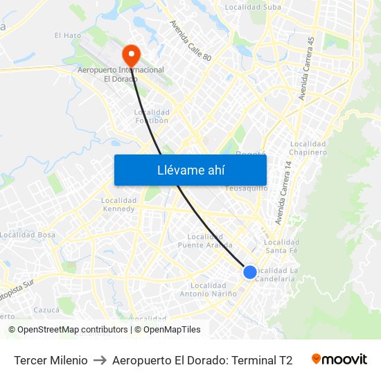 Tercer Milenio to Aeropuerto El Dorado: Terminal T2 map